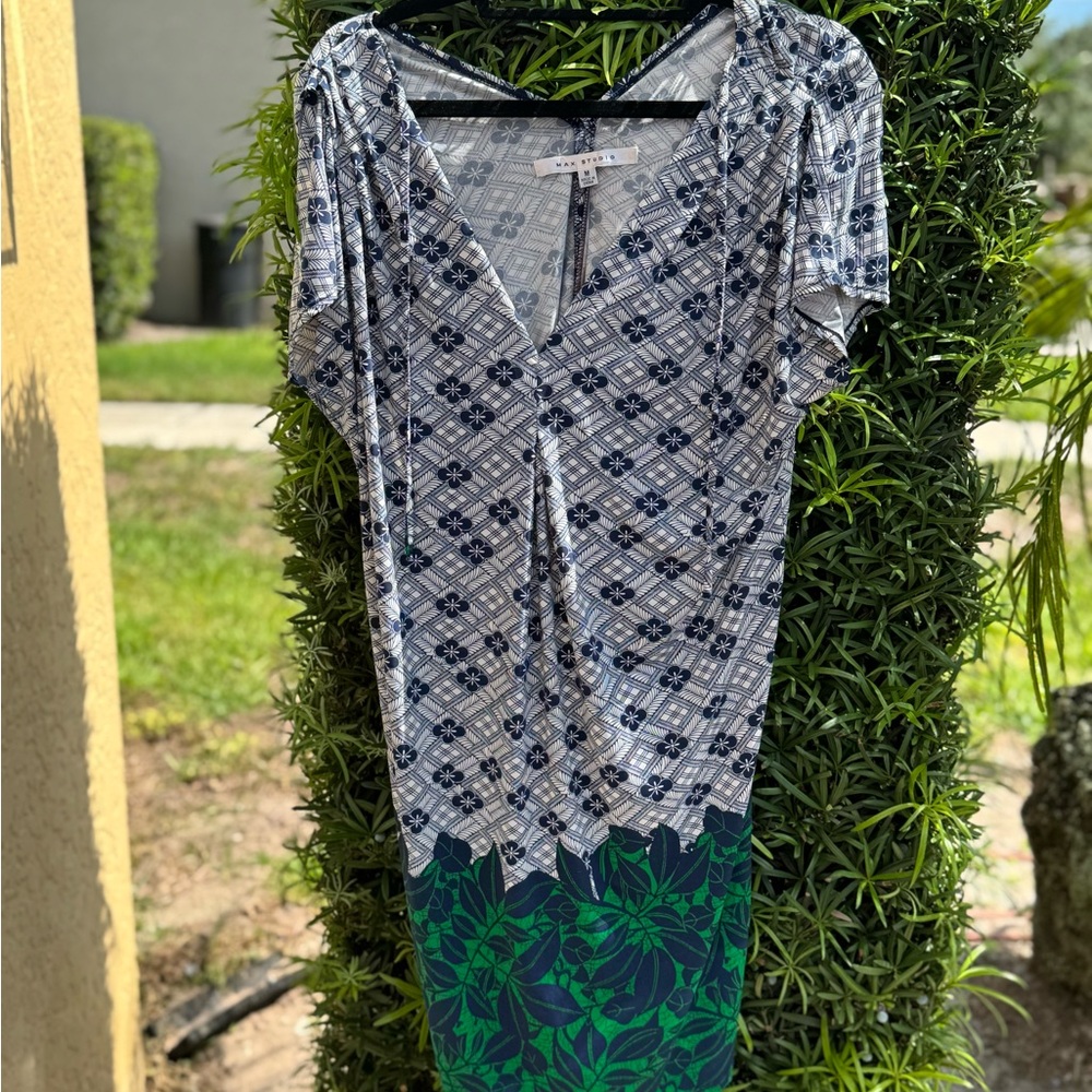 Max Studio Blue and Green Patterned Midi Dress